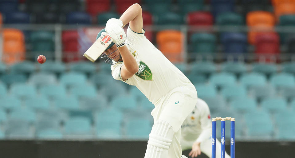 Pictured here is Cameron Green batting for the Australian PM's XI side against Pakistan. 