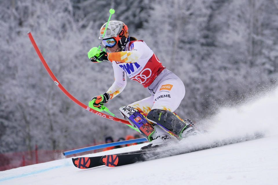 Slovakia's Petra Vlhova competes during a women's World Cup slalom ski race Sunday, Nov. 28, 2021, Killington, Vt. (AP Photo/Robert F. Bukaty)