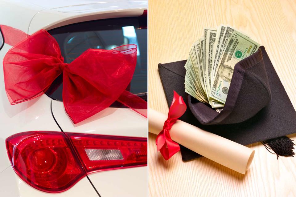<p>Getty</p> Stock image of an SUV with a bow (L), stock image of a graduation cap filled with money (R)