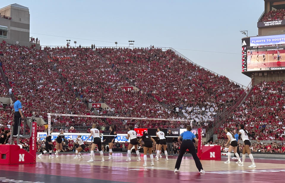 Nebraska and Omaha play a college volleyball match Wednesday, Aug. 30, 2023, at Memorial Stadium in Lincoln, Neb. (AP Photo/Eric Olson)