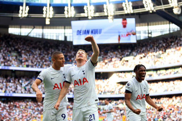 Dejan Kulusevski of Tottenham Hotspur celebrates after scoring the