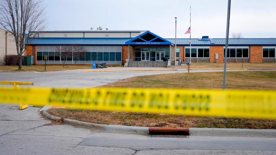 PHOTO: Tape blocks all entrances at the Perry Middle School and High School building on Jan. 5, 2024, in Perry, Iowa.  (Bryon Houlgrave/AP)