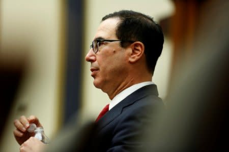 U.S. Secretary of the Treasury Steven Mnuchin testifies to the House Financial Services hearing on state of the international financial system on Capitol Hill in Washington, U.S., July 12, 2018.      REUTERS/Joshua Roberts/File Photo