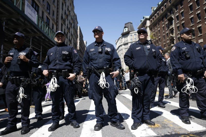 New York City police officers take up positions as pro-Palestinian protesters demonstrate at Columbia University in New York on Monday. Photo by John Angelillo/UPI