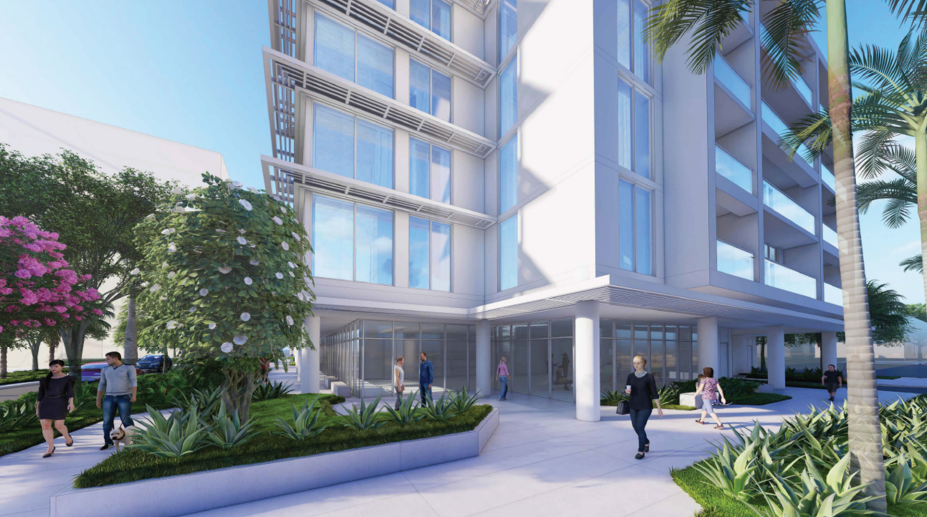 Street-level view of a proposed apartment complex in West Palm Beach by Savanna Fund. The 369-unit complex would rise 16 stories in two towers.