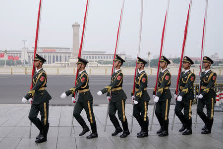 Members of honour guards attend a welcoming ceremony outside the Great Hall of the People in Beijing, China August 31, 2017. REUTERS/Jason Lee