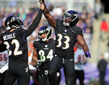 Nov 27, 2016; Baltimore, MD, USA; Baltimore Ravens safety Matt Elam (33) high fives safety Eric Weddle (32) after making a tackle during the game against the Cincinnati Bengals at M&T Bank Stadium. Mandatory Credit: Evan Habeeb-USA TODAY Sports