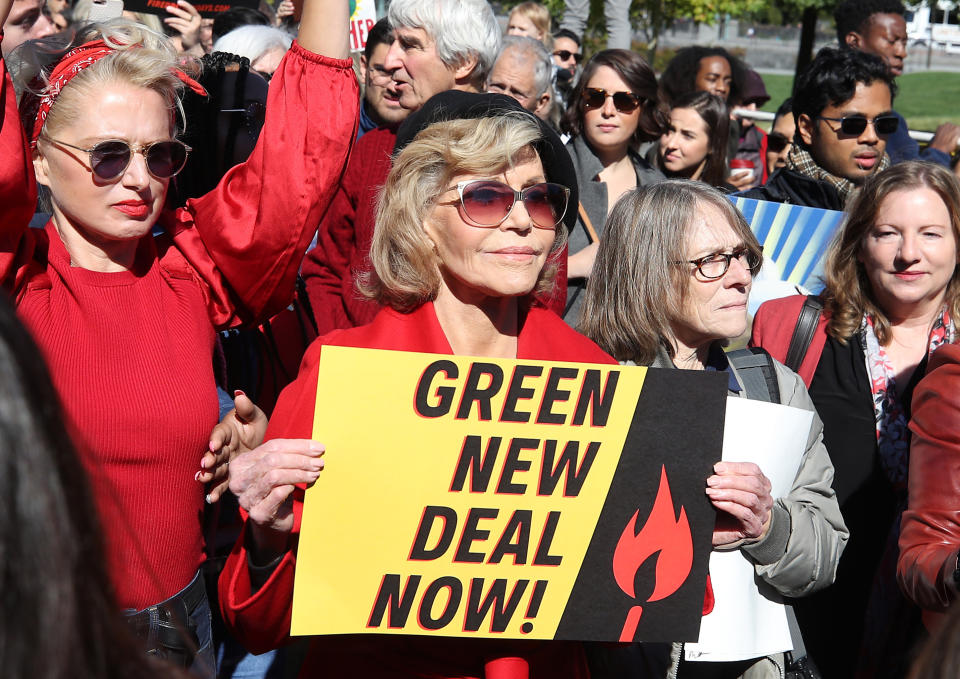 WASHINGTON, DC - OCTOBER 18: Actress Jane Fonda participates in a protest in front of the U.S. Capitol during a “Fire Drill Fridays” climate change protest and rally on Capitol Hill, October 18, 2019 in Washington, DC. Protesters are demanding urgent action on adapting the Green New Deal, clean, renewable energy, and an end to all new fossil fuel exploration and drilling.   (Photo by Mark Wilson/Getty Images)