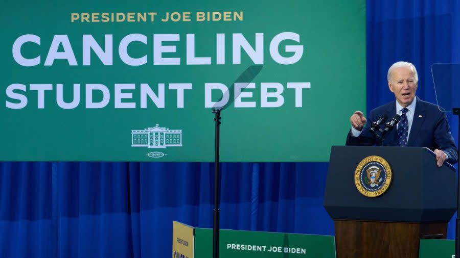 US President Joe Biden speaks during an event in Madison, Wisconsin, US, on Monday, April 8, 2024. Biden's alternative student-debt relief plan could forgive loans for as many as 26 million Americans, a far-reaching initiative that will be tested by the same challenges that beset his original program struck down by the Supreme Court. Photographer: Daniel Steinle/Bloomberg via Getty Images