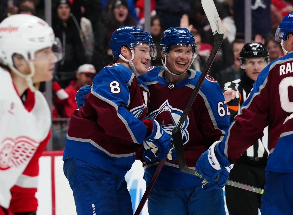 Avalanche defenseman Cale Makar, left, celebrates his second goal scored with left wing Artturi Lehkonen during the second period on Wednesday, March 6, 2024, in Denver.