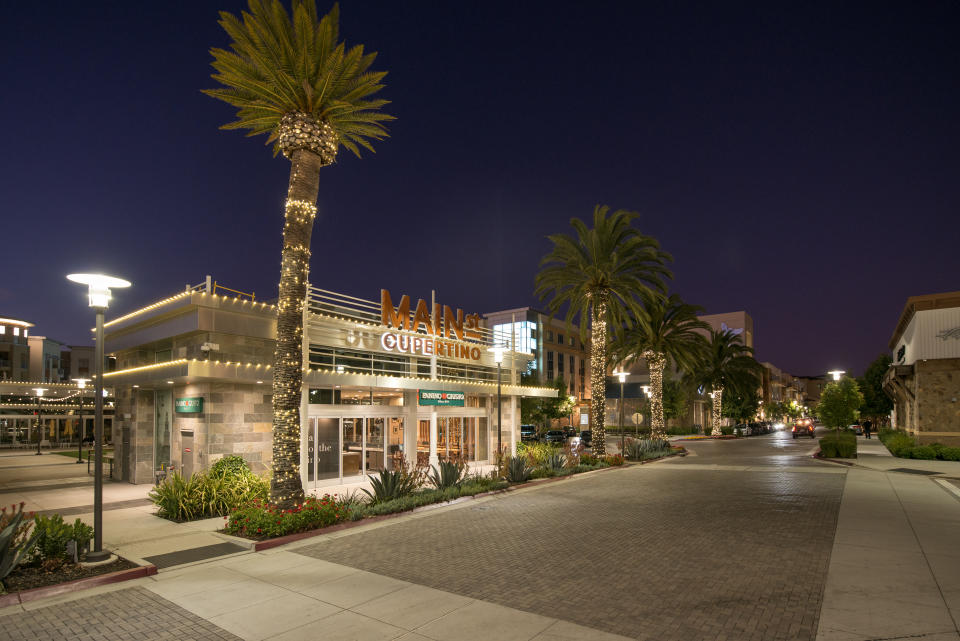 Cupertino, USA - June 19, 2019: Cupertino Main Street after sunset