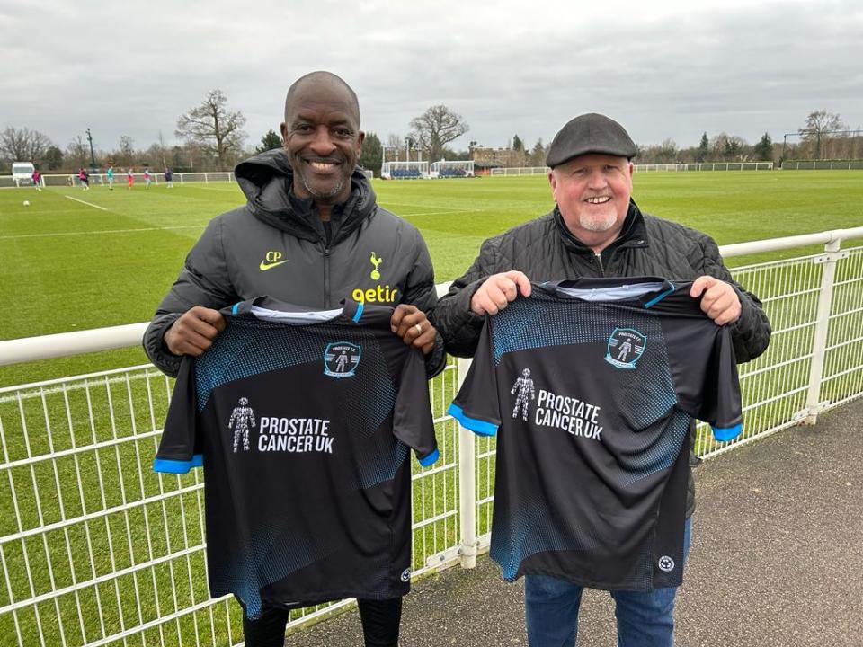 Chris Powell with Keith Smith at Tottenham’s Hotspur Way training ground (Prostate Cancer UK/Handout/PA)