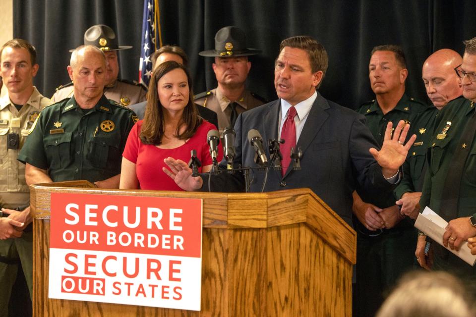 Gov. Ron DeSantis speaks to the press during his "Secure Our Border, Secure Our States" press conference Wednesday, June 16, 2021, at the Escambia County Sheriff's Office in Pensacola. As part of his presidential campaign, DeSantis rolled out more details Monday of his plans to secure the border.