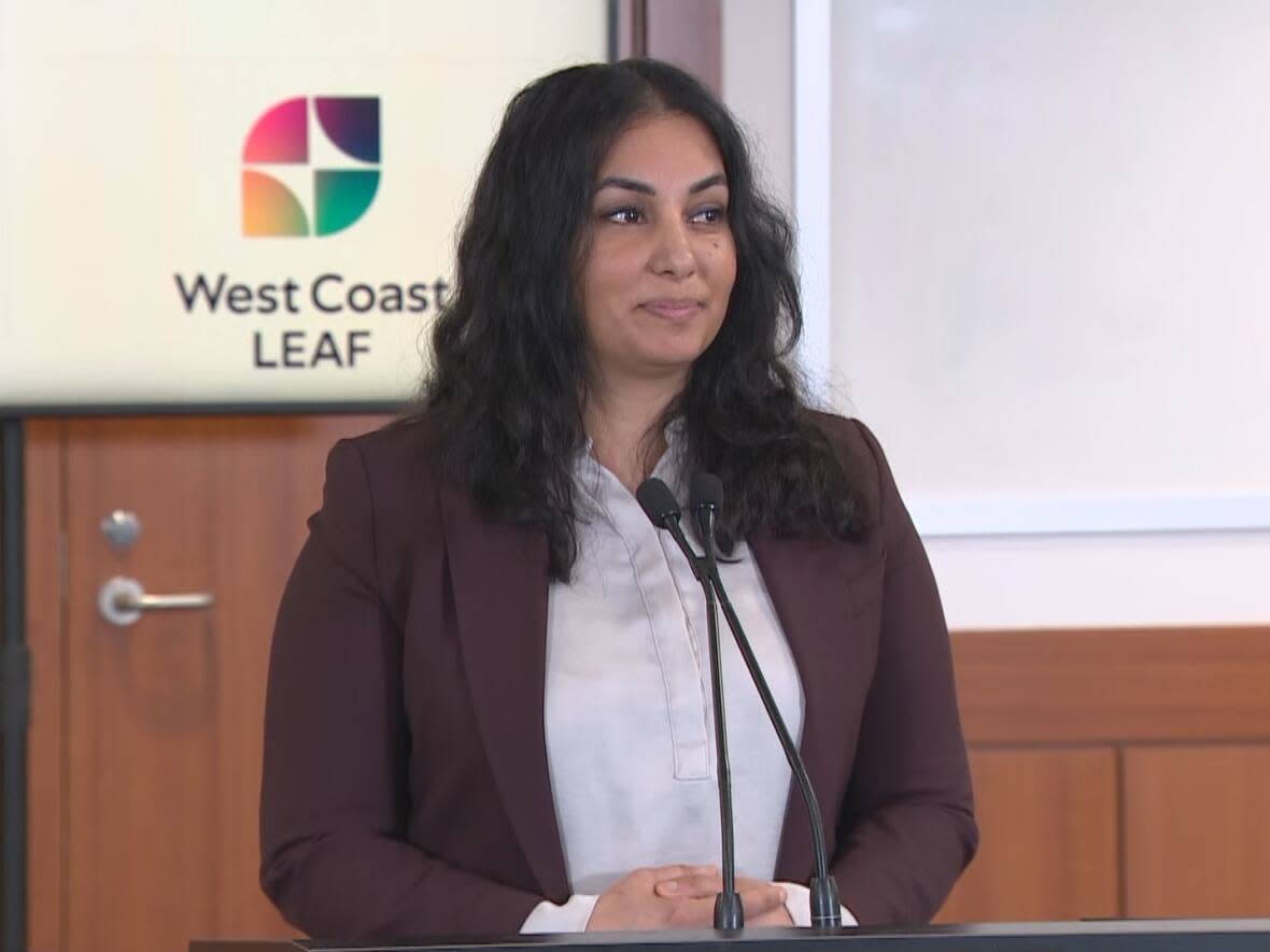 B.C. Attorney General Niki Sharma announces expanded access for free legal aid services in the province for victims of gender-based violence on Thursday, Feb. 15, 2024. (CBC News - image credit)