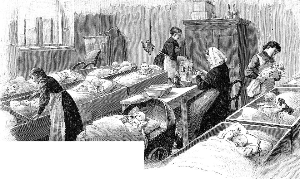 Rendering of nurses working with babies