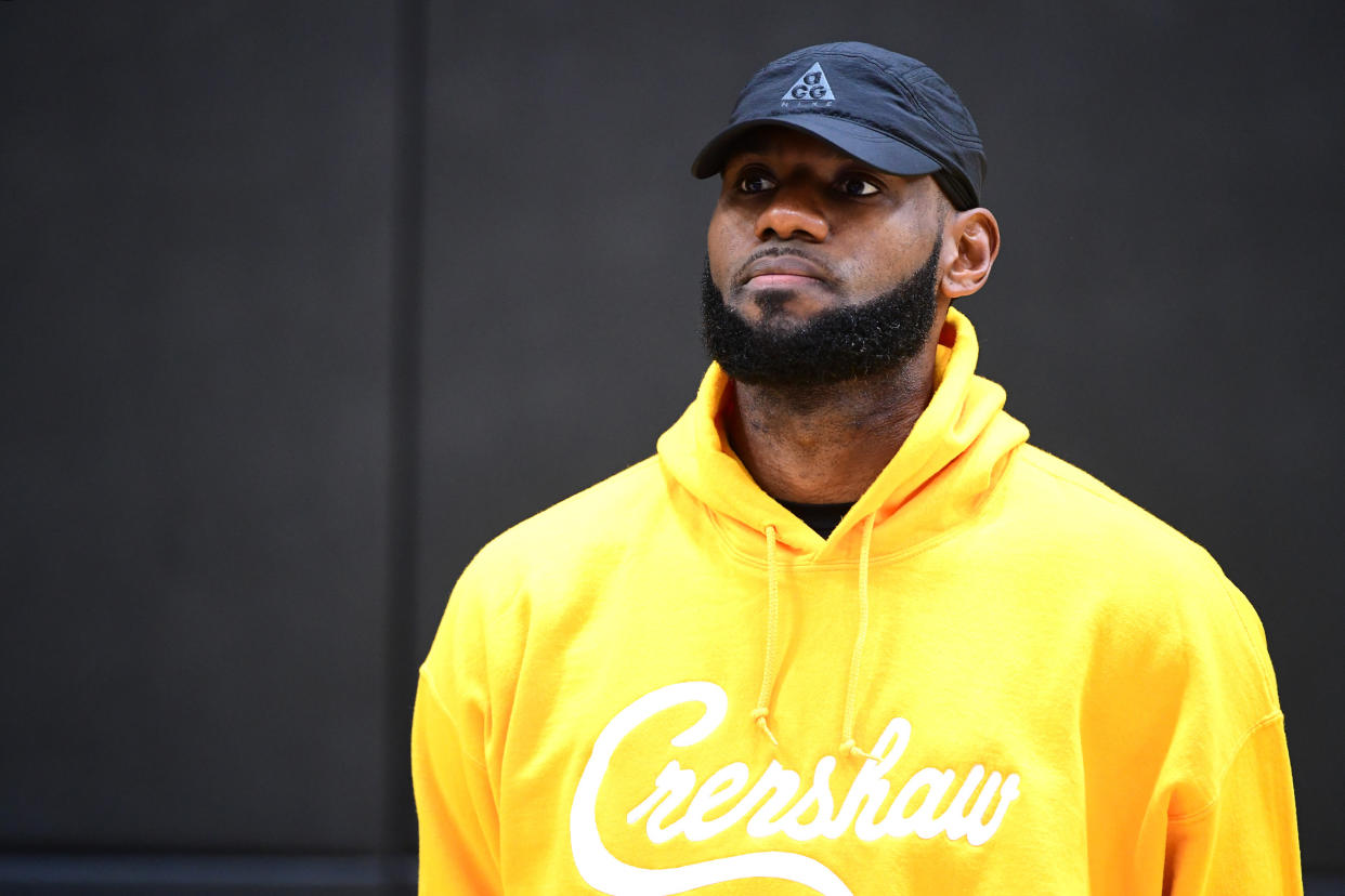 Jul 13, 2019; El Segundo, CA, USA; Los Angeles Lakers forward LeBron James listens during an introductory press conference for Lakers forward/center Anthony Davis (not pictured) at the UCLA Health Training Center. Mandatory Credit: Jayne Kamin-Oncea-USA TODAY Sports