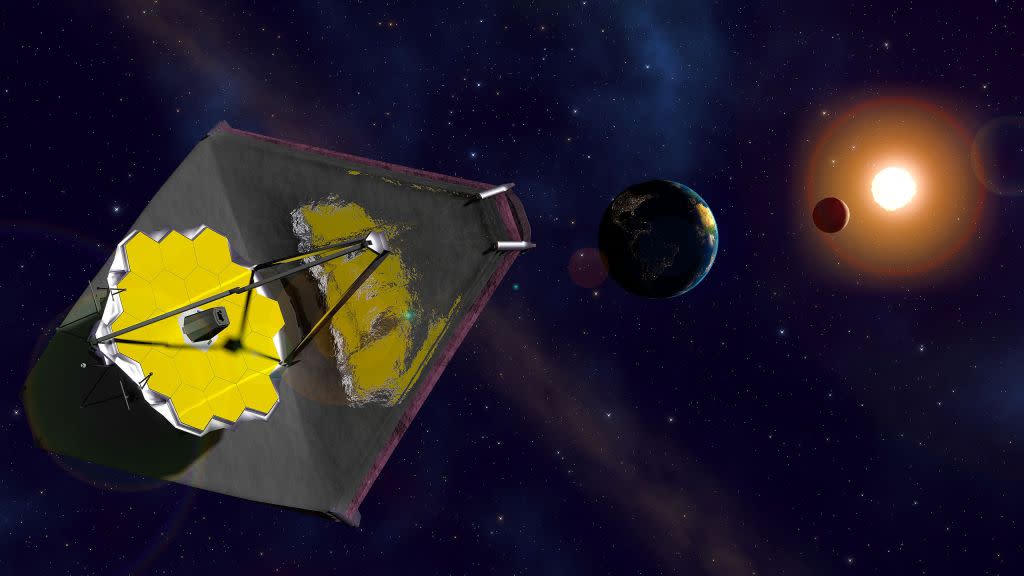  artist's impression of james webb space telescope in space next to earth. a planet is nearby the sun in the far right of the image 