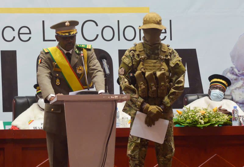 FILE PHOTO: Colonel Assimi Goita, leader of two military coups and new interim president, speaks during his inauguration ceremony in Bamako