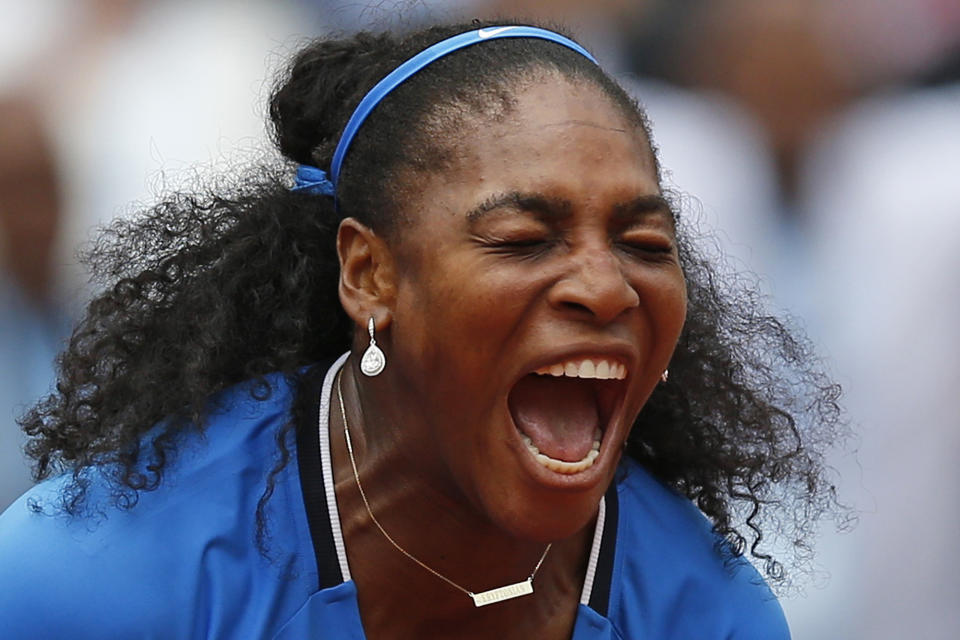 <p>Serena Williams of the U.S. screams in the third round match of the French Open tennis tournament against France’s Kristina Mladenovic at the Roland Garros stadium in Paris, France, May 28, 2016. (AP Photo/Christophe Ena) </p>