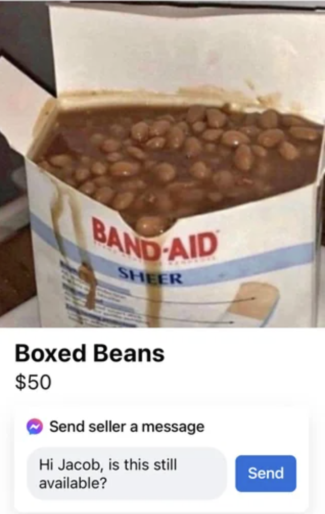 Beans inside an open Band-Aid box, displayed humorously for sale at $50, with a text message inquiry about availability