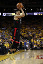 Danny Green #14 of the Toronto Raptors attempts a jump shot against the Golden State Warriors in the second half during Game 3 of the 2019 NBA Finals on June 5, 2019 in Oakland, California. (Photo by Ezra Shaw/Getty Images)