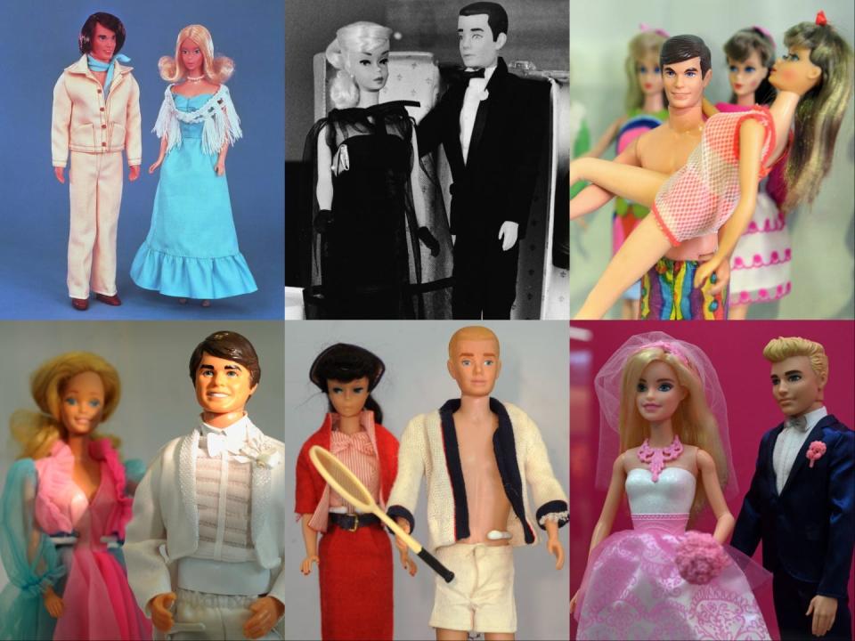 Six photos of Barbie and Ken dolls from various decades in