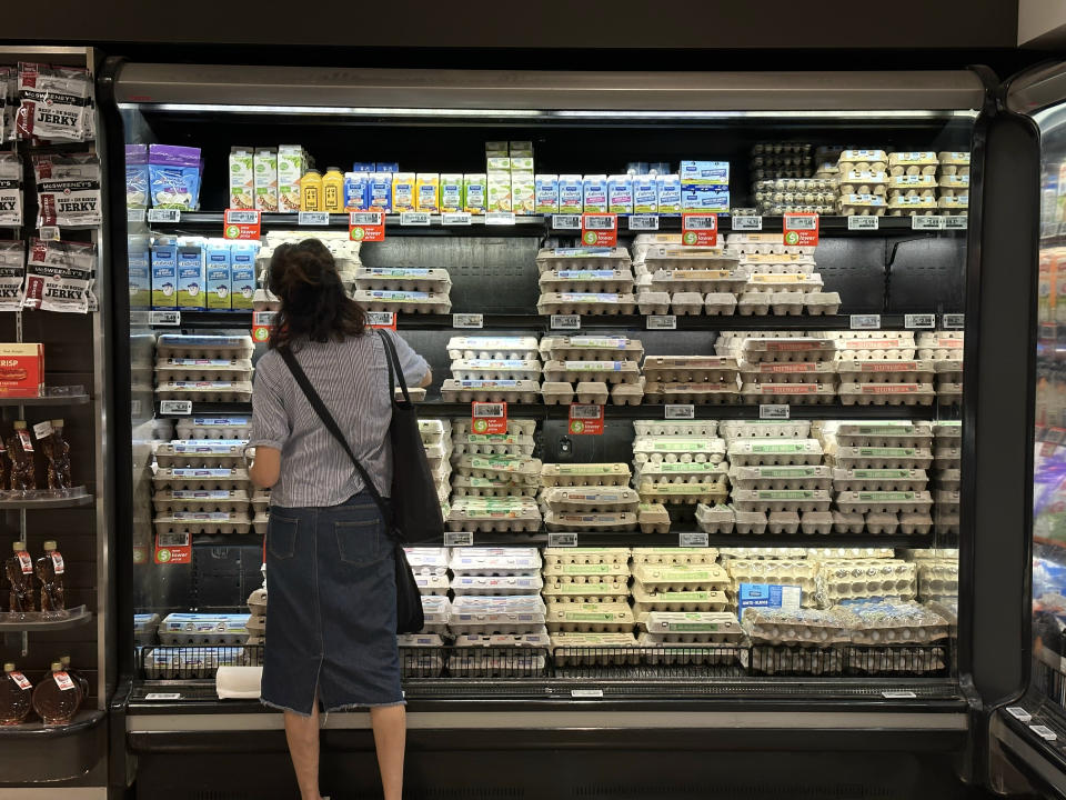 TORONTO, ON - May 12 - A shopper peruses the egg section at a Metro grocery store in Toronto. Lance McMillan/Toronto Star

May-12-2023        (Lance McMillan/Toronto Star via Getty Images)