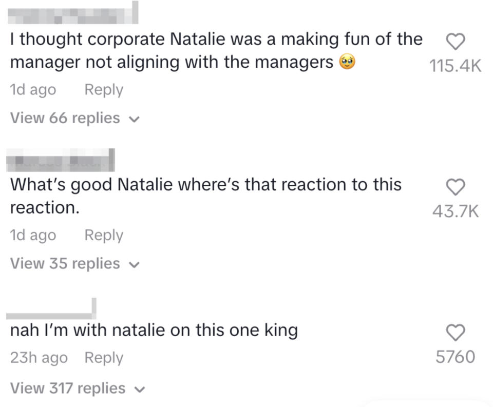 I thought corporate natalie was making fun of managers not aligning with them. What's good Natalie where's that reaction to this reaction. nah I'm with natalie on this one king