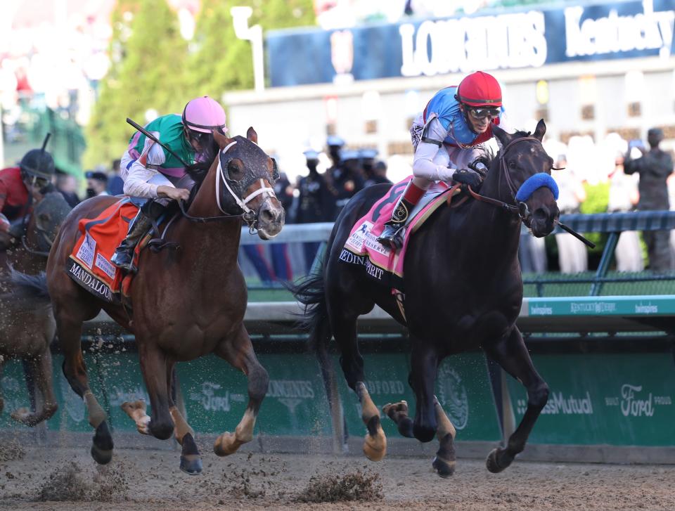 Medina Spirit with jockey John Velazquez won the Kentucky Derby, Mandaloun, with jockey Florent Geroux came in second.05/01/21