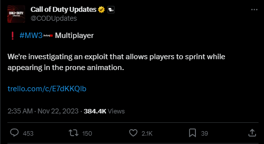 A post that reads: ❗️ #MW3 Multiplayer  We're investigating an exploit that allows players to sprint while appearing in the prone animation.