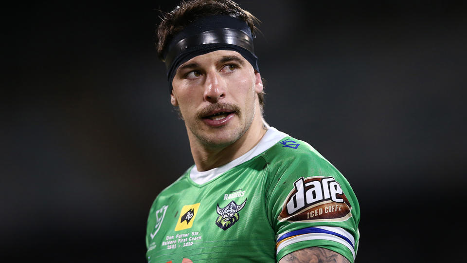 Curtis Scott is pictured playing for the Canberra Raiders.