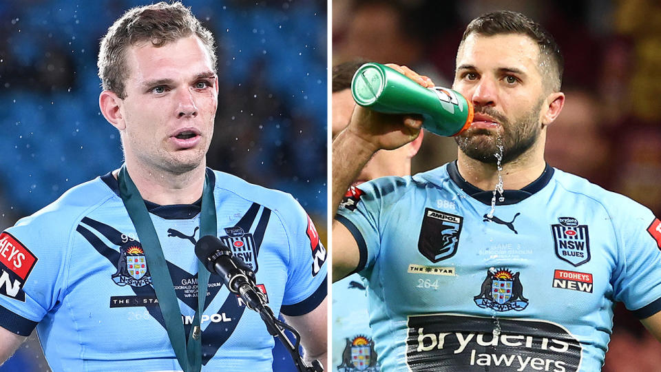 Tom Trbojevic speaks during the medal ceremony and Blues captain James Tedesco takes a drink.