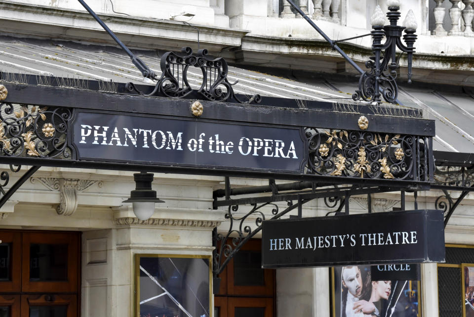  Phantom of the Opera sign on Her Majesty�s Theatre in Haymarket.
The Phantom of the Opera is to permanently close in the West End having run 34 years, a blow to the UK theatre industry. Andrew Lloyd Webber�s long running musical, which opened at Her Majesty�s Theatre in 1986, will no longer run in London due to the impact of coronavirus pandemic. (Photo by Dave Rushen / SOPA Images/Sipa USA) 