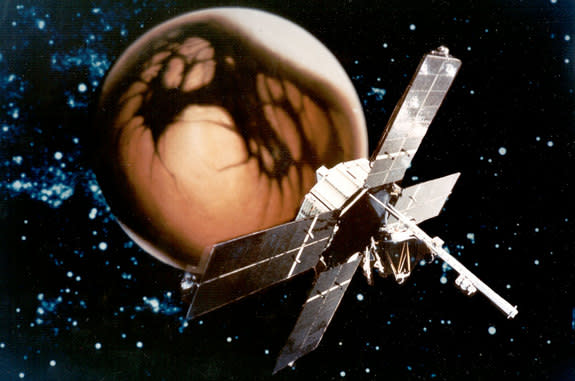 This image of the Mariner 4 spacecraft superimposed on an illustration of Mars was used to promote the 1964-65 NASA mission.