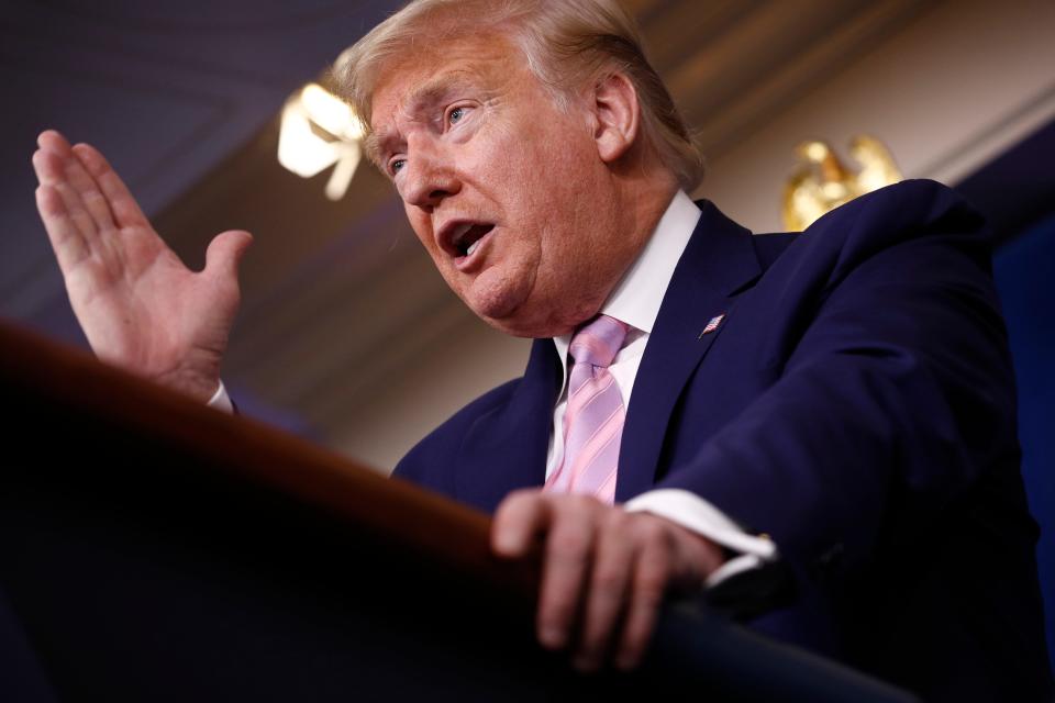 President Donald Trump speaks during a coronavirus task force briefing at the White House.