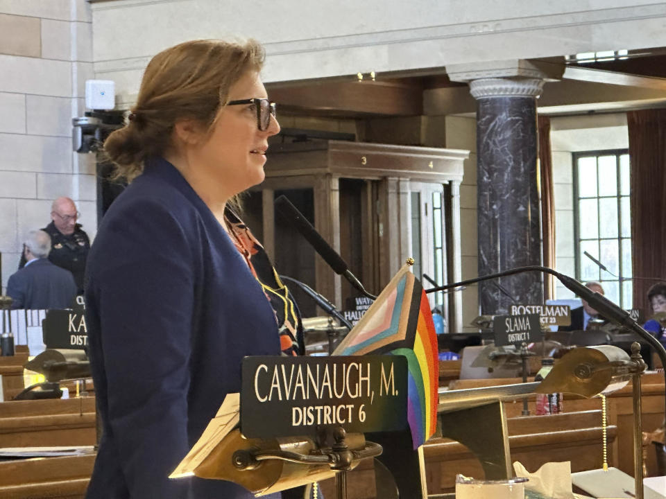 FILE - Omaha Sen. Machaela Cavanaugh speaks Friday, May 19, 2023, in Lincoln, Nebraska, as lawmakers debated a bill that would ban abortions at 12 weeks of pregnancy and also ban gender-affirming care for transgender minors. Many viewers tuned in as national media attention focused on a filibuster by Cavanaugh during televised legislative debates. (AP Photo/Nick Ingram, File)