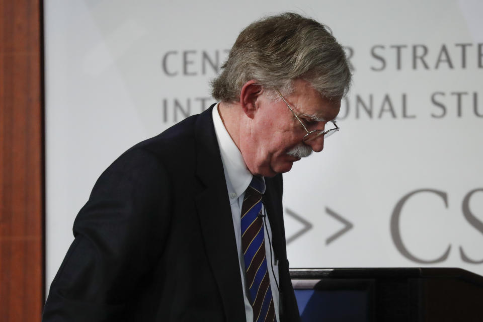 Former National security adviser John Bolton walks off stage after speakings at the Center for Strategic and International Studies in Washington, Monday, Sept. 30, 2019. (AP Photo/Pablo Martinez Monsivais)