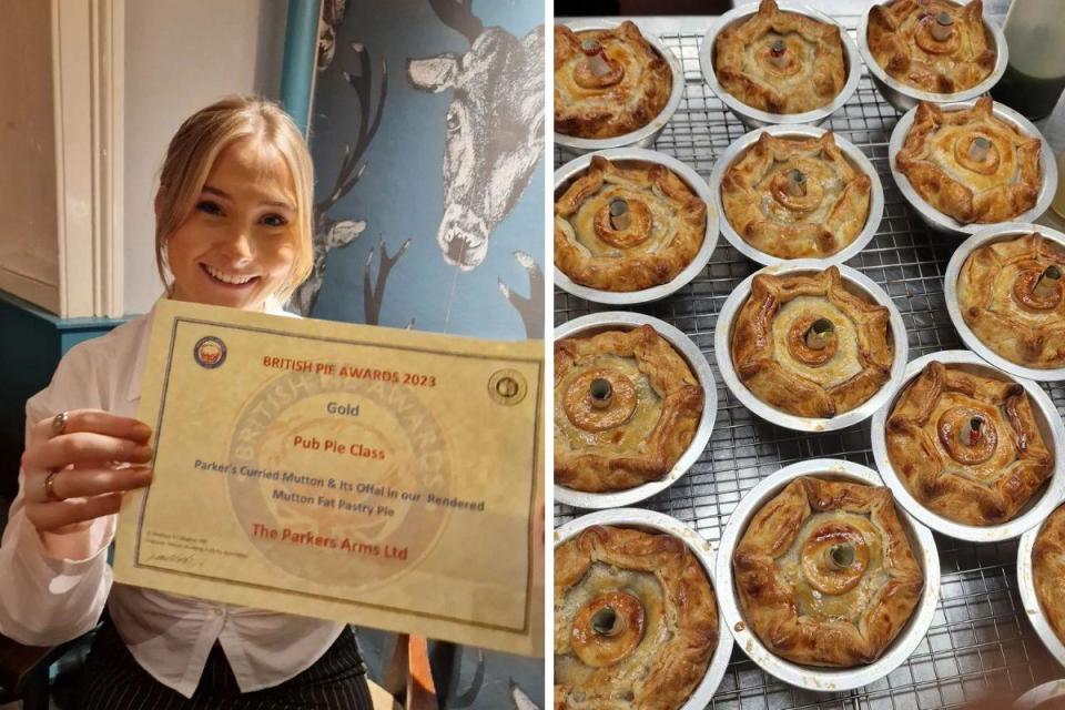 Parkers Arms customer Harriet Bentley with The Parkers Arms' British Pie Awards certificate. Right is curried mutton pie <i>(Image: The Parkers Arms)</i>