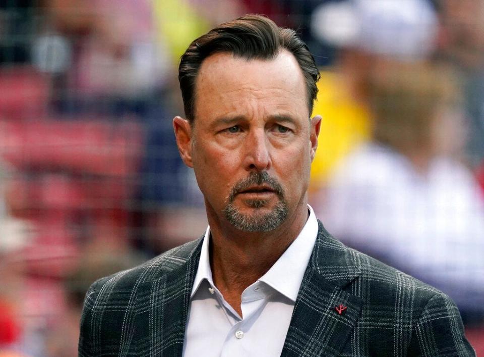 Former Boston Red Sox player Tim Wakefield looks on before the start of a baseball game between the Boston Red Sox and the Oakland Athletics at Fenway Park, Wednesday, June 15, 2022, in Boston. (AP Photo/Mary Schwalm)