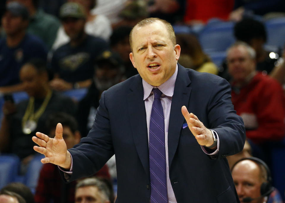 File-This Dec. 31, 2018, file photo shows Minnesota Timberwolves head coach Tom Thibodeau reacting to a call during the first half of an NBA basketball game against the New Orleans Pelicans in New Orleans. A person with knowledge of the decision tells The Associated Press that the Minnesota Timberwolves have fired coach Thibodeau, halfway into his third season with the team that began with turmoil surrounding All-Star Jimmy Butler. The person spoke to the AP on condition of anonymity, because the Timberwolves had not yet announced the news. The Athletic first reported that Thibodeau, who was also the president of basketball operations with full authority over the roster, had been let go. (AP Photo/Butch Dill, File)