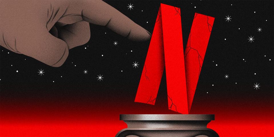 The Netflix logo crumbling and being pushed off it's pedestal