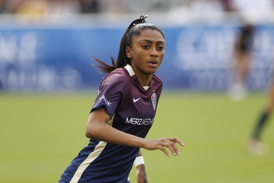 FILE - North Carolina's Kerolin Nicoli (9) handles the ball during an NWSL soccer match against Kansas City, Saturday, March 25, 2023, in Cary, N.C. North Carolina Courage forward Kerolin was named the National Women’s Soccer League Most Valuable Player on Friday, Nov. 10, 2023. (AP Photo/Ben McKeown, File)