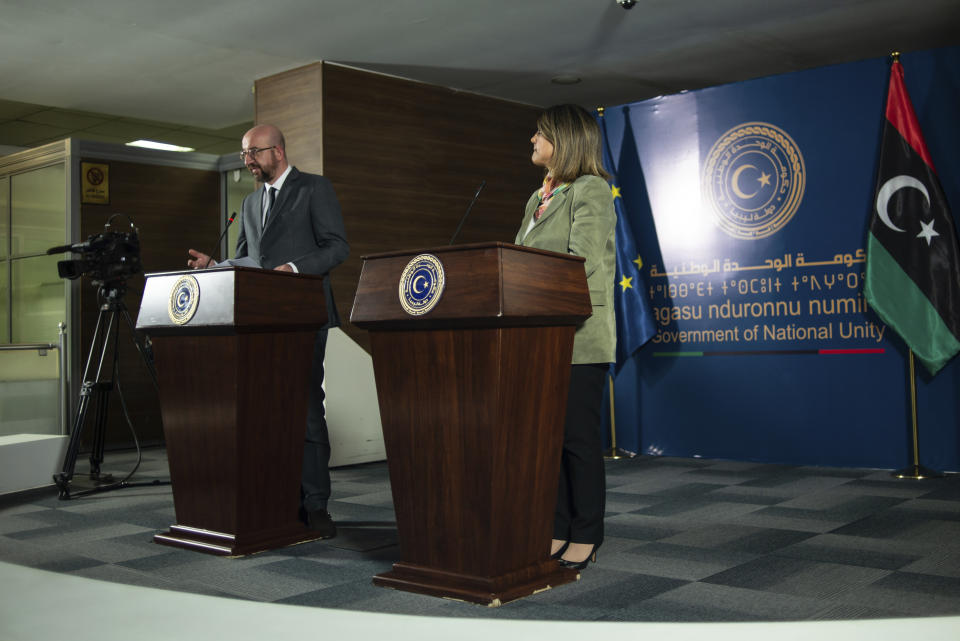 Najla Al-Manqoush, the Minister of Foreign Affairs, gives a press statement together with Mr. Charles Michel, the President of the European Council over the agreement of the European Union's support of peace and stability for Libya at the Prime Minister's office on Sunday, April 4, 2021, in Tripoli, Libya. (AP Photo/Nada Harib)