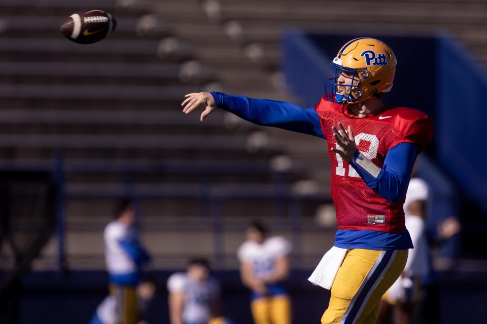 The University of Pittsburgh's Nick Patti (12) prepares for the Tony the Tiger Sun Bowl with practice at Eastwood High School on Monday.