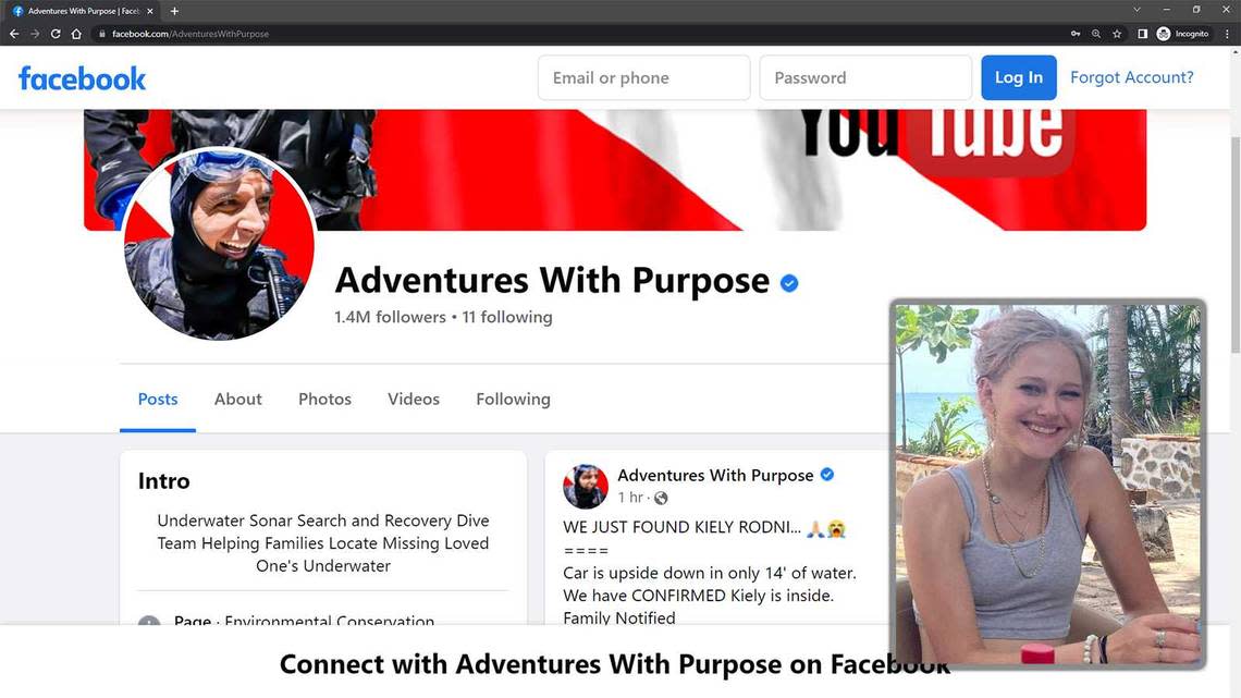 A screenshot of the Facebook page for Adventures with Purpose, a search-and-rescue diving team that is popular on social media. The group said Sunday, Aug. 21, 2022, that it had found the body of Kiely Rodni, 16, and her car submerged in 14 feet of water.