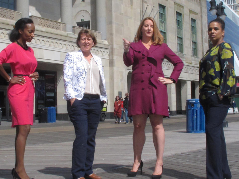 FILE - This Sept. 21, 2020, file photo shows the four women who at the time ran Atlantic City casinos posing for a photo on the Boardwalk in Atlantic City, N.J. From left, Jacqueline Grace of Tropicana, Terry Glebocki of Ocean Casino Resort, Karie Hall of Bally's, and Melonie Johnson of Borgata. Since then, Glebocki and Hall have left their Atlantic City jobs. On Oct. 26, 2021, participants in a gambling conference in Atlantic City said women are advancing in the U.S. casino industry but more needs to be done to speed that advancement. (AP Photo/Wayne Parry, File)