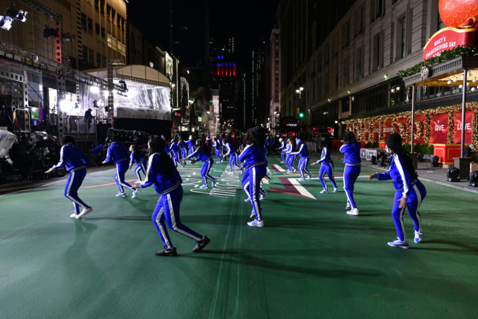 Zeta Beta Phi Steppers perform as Celebrity And Performance Groups Rehearse At Herald Square In Preparation For The 94th Annual Macy’s Thanksgiving Day Parade® on November 23, 2020 in New York City. (Photo by Eugene Gologursky/Getty Images for Macy’s, Inc.)