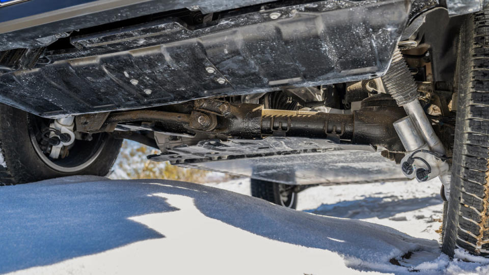 The underside of an all-electric Mercedes-Benz G 580.