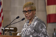 DHHS CEO Dannette Smith speaks during a news conference in Lincoln, Neb., Wednesday, Sept. 30, 2020. Nebraska will officially offer expanded Medicaid coverage to low-income people starting Thursday after years of political battles in the Legislature, a statewide ballot campaign to force the issue and a nearly two-year rollout that left some residents in health care limbo. (AP Photo/Nati Harnik)