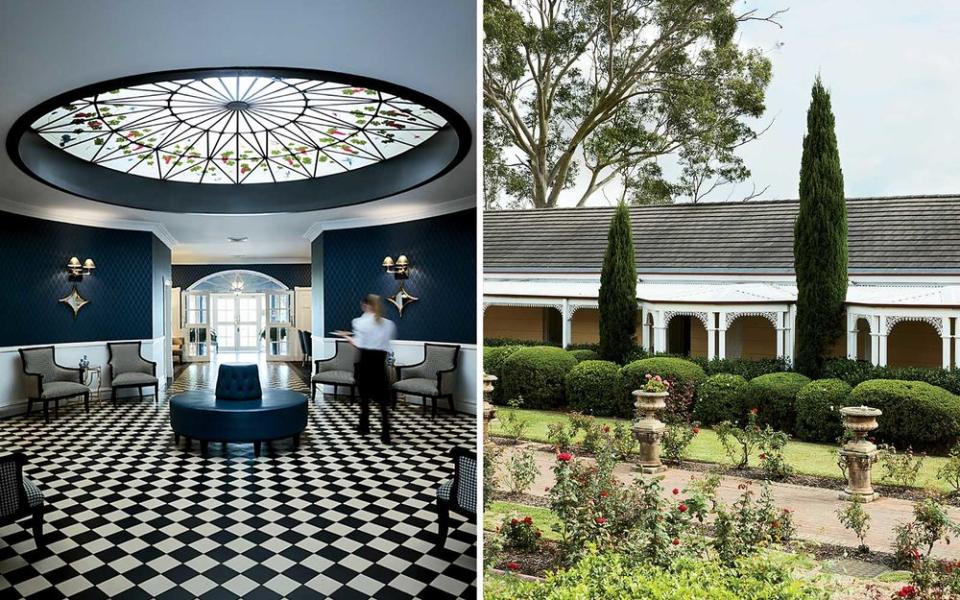 From left: At Kirkton Park Hunter Valley, a resort set on a sprawling estate in Pokolbin, the lobby evokes a grand manor house; the resort's exterior.